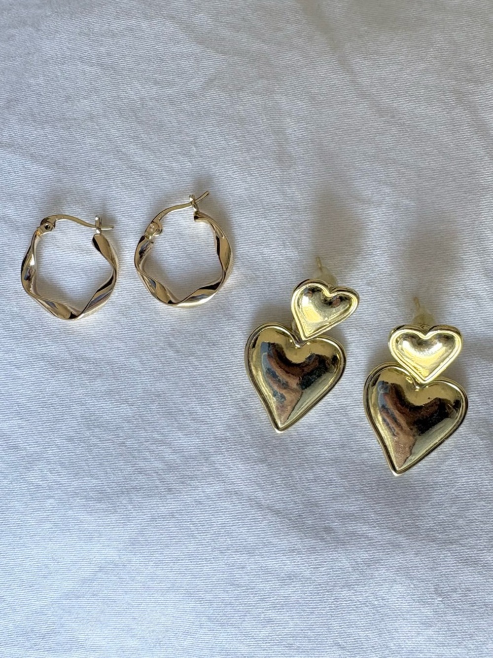 Gold Tone Set of 2 Earrings - Double Heart Drop Earrings & Twist Hoop Earrings